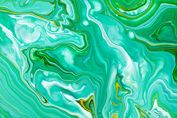 Wall Mural - Fluid art texture. Background with abstract mixing paint effect. Liquid acrylic picture with trendy mixed paints. Can be used for website background. Green, turquoise and blue overflowing colors.