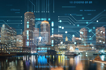 City view panorama of Boston Harbor and Seaport Blvd at night time, Massachusetts. Building exteriors of financial downtown. Glowing Padlock hologram. Concept of cyber security to protect information