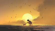 Puppy Looking At The Boy Shattering Into Dust Against The Sutset Background, Digital Art Style, Illustration Painting