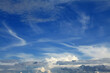 Cirrus, stratus and cumulus clouds in the same sky. Dense layer sky pattern. Skies landscape in summer. Spindrift clouds and its texture. Cloud layer. Types of clouds, atmosphere and weather formation