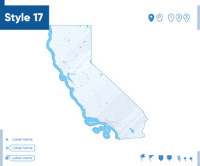 Naklejka na meble California, USA - map isolated on white background with water and roads. Vector map.