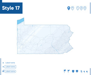 Naklejka na meble Pennsylvania, USA - map isolated on white background with water and roads. Vector map.