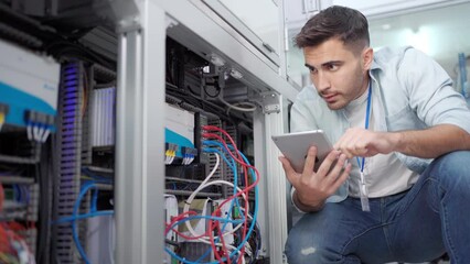 Wall Mural - Young Caucasian male electrical engineer in blue shirt squatting behind the machine using a digital tablet checking wire cables and the electrical system of the machine in an industrial factory.