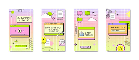 Cool stories or post template, retro browser computer window in 90s vaporwave with geek stickers. Y2k aesthetic background for social media, with pc message boxes, UI, UX elements. Vector illustration