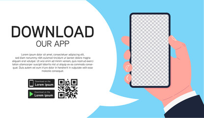 Wall Mural - web banner for downloading the mobile app. male hand holding smartphone with transparent background 