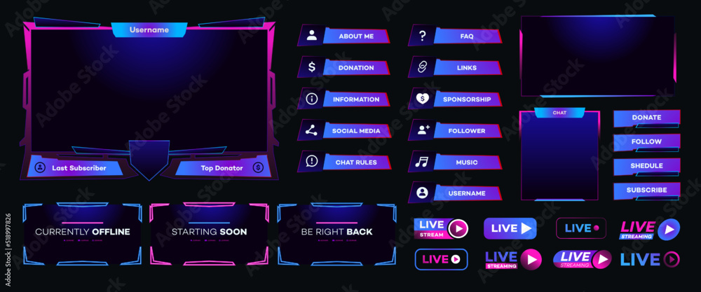 Streaming screen panel overlay design template neon theme. Live video ...
