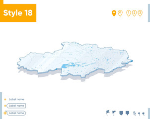 Naklejka na meble Akmola, Kazakhstan - 3d map on white background with water and roads. Vector map with shadow.