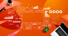 Industry 4.0 Theme With A Laptop Computer On A Orange Pattern Background