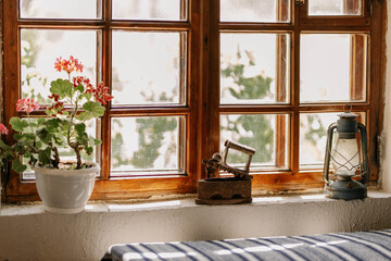 White geranium flower on the old unpainted wooden frame on windowsill with vintage iron and. Potted plant in old vintage building during summer. Traditional window of old rough house in Ukraine