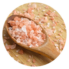 Wall Mural - Pink himalayan salt in wooden spoon on wooden background