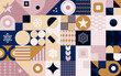 Geometryczna kompozycja - kolorowa mozaika z gwiazdkami i płatkami śniegu. Powtarzający się wzór w stylu bauhaus do zastosowania jako tło do projektów.