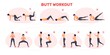 © ssstocker - Butt workout. Steps fitness exercise training buttocks exercising squat lower back for joint body fit leg hips thigh lunges position guide woman muscles, garish vector illustration