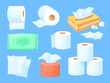 Cartoon paper towel. Papers tissue box wc toilet roll, flatly napkins for wipe nose, wet sanitary wrap napkin clean kitchen household used bathroom hygiene neat vector illustration