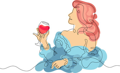 Wall Mural - One continuous line.A woman in a blue dress. Lady with a glass of wine in hand. Red wine. Abstract flat color illustration.