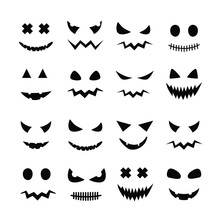 Big Vector Collection Halloween Pumpkin Faces Isolated On White Background. Halloween Decoration Design. Vector Illustration
