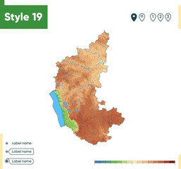 karnataka, india - high detailed physical map. vector map. dem map.