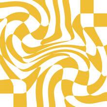 1970 Trippy Grid And Wavy Swirl Pattern In Yellow Color. Hand Drawn Vector Illustration. Seventies Retro Style, Groovy Background, Wallpaper, Print. Flat Design, Hippie Aesthetic.
