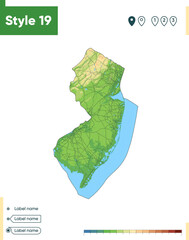 new jersey, usa - high detailed physical map. vector map. dem map.
