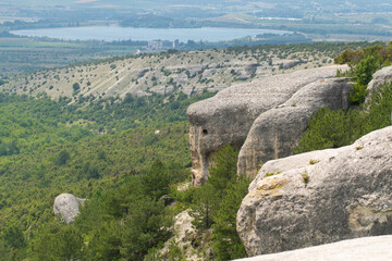 Bakhchisaray assumption cave town monastery crimea old tourism architecture building, concept summer historic from green for bright mosque, view rock. Mountain sky high,