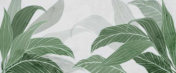 Wall Mural - tropical botanical art background with exotic leaves in line style. abstract vector background with 