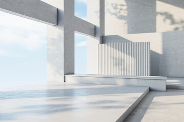 Perspective view on slatted concrete partition in sunlit abstract spacious hall with modern design project. 3D rendering