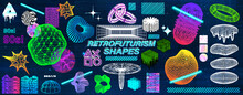 Retrowave And Retrofuturistic Trendy Geometric Shapes Collection From 80s-90s. Old Wave Cyberpunk And Graphic Design Elements With Gradients Colords. 3D Shapes With Neon And Glitch. Vector Set