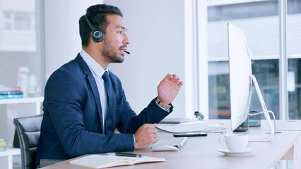 Aufkleber - Call center agent talking to clients and giving them advice on the best sales while working on a laptop alone in an office. One Asian customer service worker networking and communicating with people
