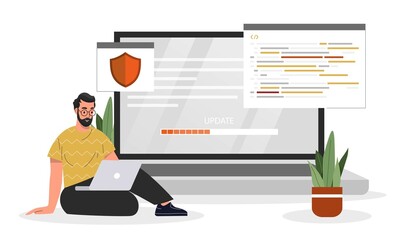 Wall Mural - operating system concept. man cleans his laptop from unnecessary files, speeds up operation of devic