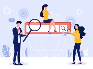 Wall Mural - people search on internet. men and women near search line, employees of analytical department collec