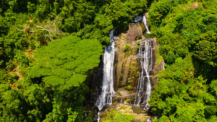 Wall Mural - Jungle Waterfall in a tropical forest surrounded by green vegetation. Hunas Falls in mountain jungle. Hunnasgiriya, Sri Lanka.
