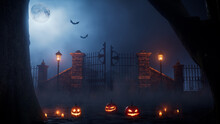 Spooky Halloween Churchyard Gate Scene With Pumpkin Decorations And Candles.
