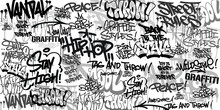 Graffiti Background With Throw-up And Tagging Hand-drawn Style. Street Art Graffiti Urban Theme For Prints, Banners, And Textiles In Vector Format.