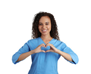 Happy young African-American doctor making heart with hands on white background