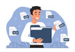 © Rudzhan - Various file formats. Smiling guy puts electronic doc sheet into folder. Use of text editors and digital documents in modern world. Design element for web page. Cartoon flat vector illustration