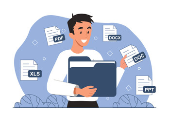 Wall Mural - various file formats. smiling guy puts electronic doc sheet into folder. use of text editors and dig