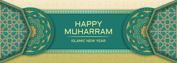 happy Muharram banner template with border frame and Islamic mandala ornament