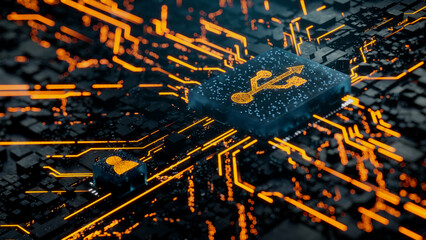 Interface Technology Concept with usb symbol on a Microchip. Orange Neon Data flows between the CPU and the User across a Futuristic Motherboard. 3D render.