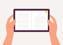 Human’s Hand Holding Digital Tablet With EBook Page Showing On Screen. Close-Up. Flat Design Style, Character, Cartoon.