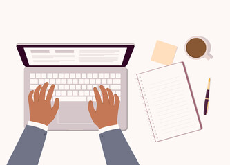 One Black Male’s Hand Typing On Laptop Keyboard With Stationary Items And Coffee Laying On Table Top. Close-Up. Character, Cartoon.