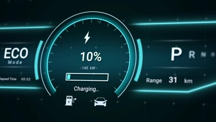 Wall Mural - Battery charging status interface on electric vehicle using DC fast charger from charging station, futuristic smart HUD power level indicator UI display for EV industry technology 3d rendering