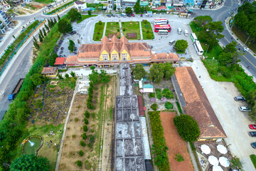 Aerial view Ancient railway station, Da Lat, Vietnam. French architecture in sunny autumn attracts tourists to visit, this place  recognized national historic site 