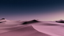 Undulating Sand Dunes Form A Surreal Desert Landscape. Dusk Background With Pink Lavender Gradient Starry Sky.