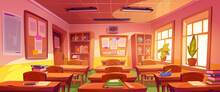 Empty School Classroom, Education Class With Wooden Tables And Chairs, Bookcases And Bulletin Boards With Notes On Walls. Vector Cartoon Illustration Of Study Room Interior