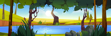 Summer Landscape With River In Forest And Green Fields. Vector Cartoon Illustration Of Countryside Panorama With Lake With Blue Water, Trees, Grass, Flowers And Stones On Shore