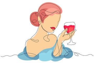 One continuous line.A woman in a blue dress. Lady with a glass of wine in hand. Red wine. Abstract flat color illustration.