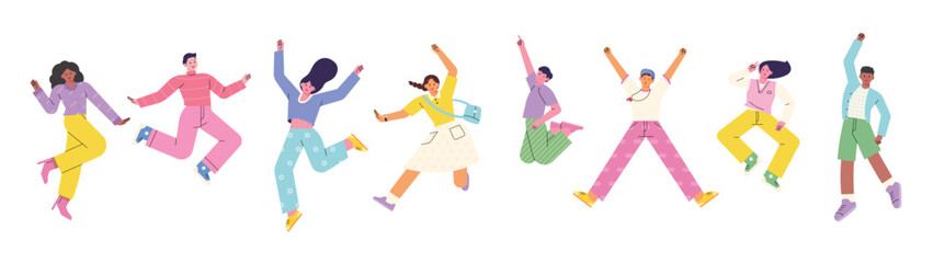 Jumping of people of different races and styles. flat design style vector illustration.