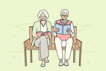 Joyful mature couple sit on bench in pack reading books. Smiling old man and woman relax outside enjoy literature. Happy maturity and hobby. Vector illustration. 