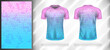 Vector sport pattern design template for V-neck T-shirt front and back with short sleeve view mockup. Pink-blue color gradient abstract geometric texture background illustration.