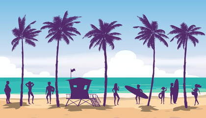 Wall Mural - Lifeguard Station, Beach landscape with people on vacation. Palms, sea, ocean, coast view