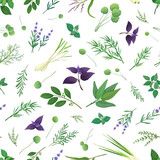 Fototapeta Kwiaty - Floral herb pattern. Delicate botanical herbals, elegant blossom decoration and gentle nature plants. Decor kitchen textile, wrapping paper, wallpaper. Vector seamless background